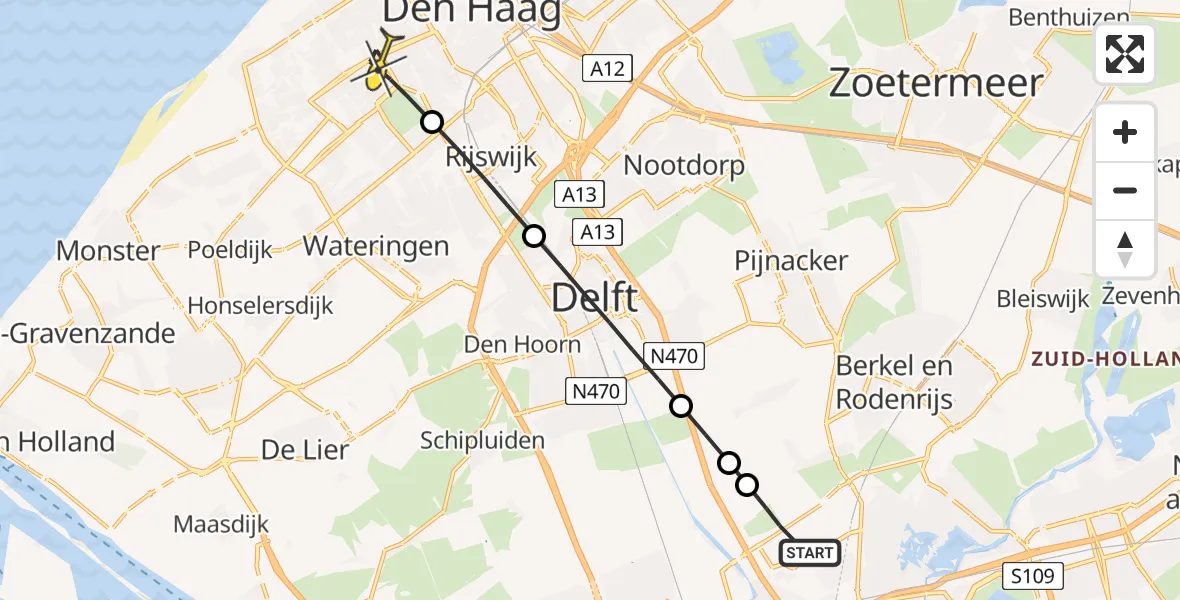 Routekaart van de vlucht: Lifeliner 2 naar Den Haag, Larensestraat