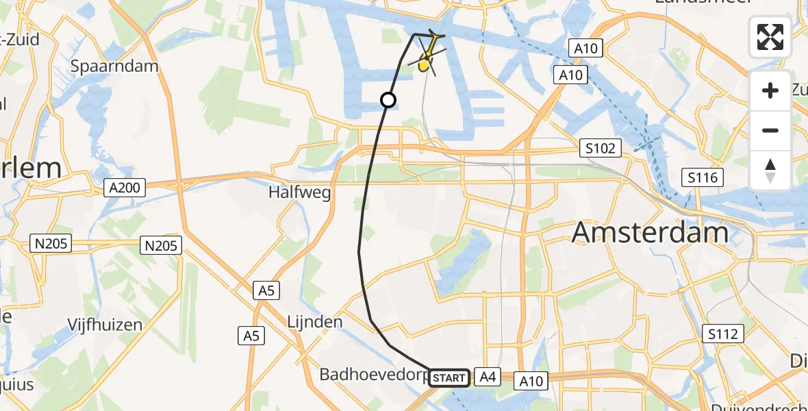 Routekaart van de vlucht: Lifeliner 1 naar Amsterdam Heliport, Cycladenlaan