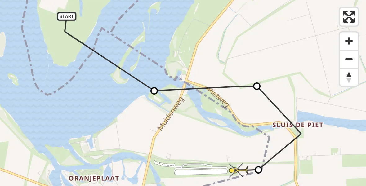 Routekaart van de vlucht: Kustwachthelikopter naar Vliegveld Midden-Zeeland, De Omloop