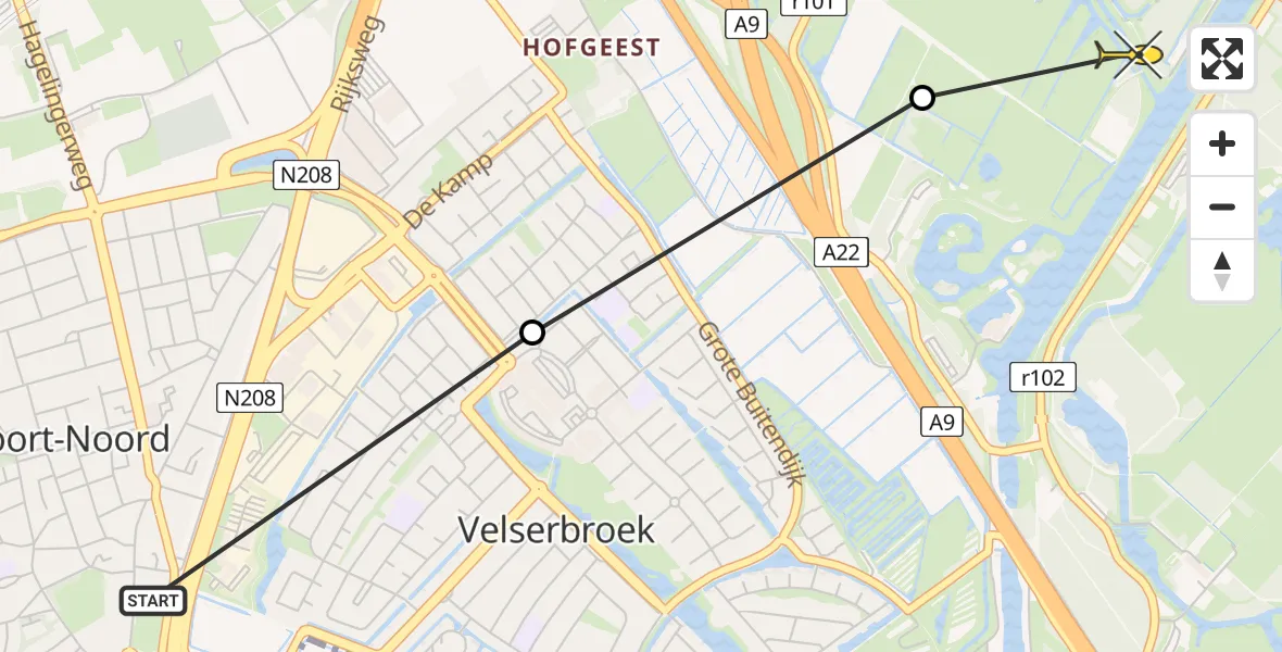 Routekaart van de vlucht: Politieheli naar Velsen-Zuid, Zon Bastion