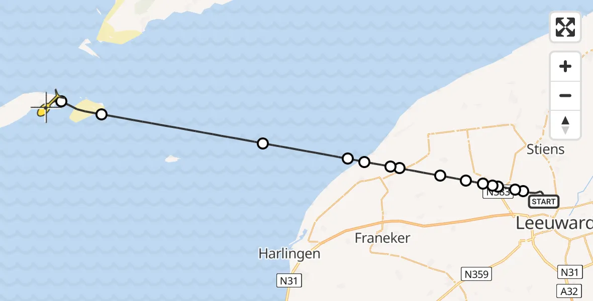 Routekaart van de vlucht: Ambulancehelikopter naar Vlieland Heliport, Keegsdijkje