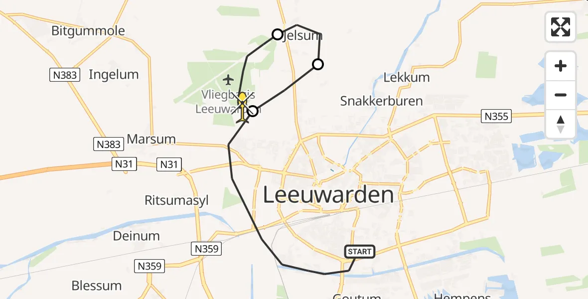 Routekaart van de vlucht: Ambulancehelikopter naar Vliegbasis Leeuwarden, Borniastraat