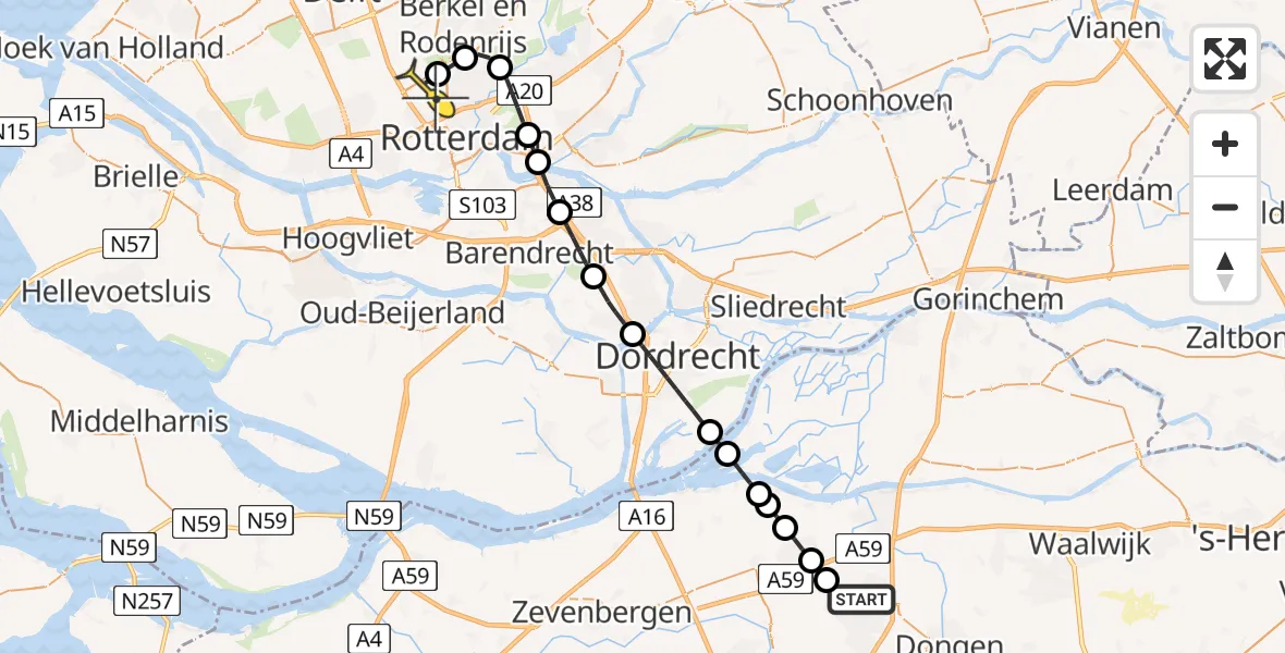 Routekaart van de vlucht: Lifeliner 2 naar Rotterdam The Hague Airport, De Boedingen