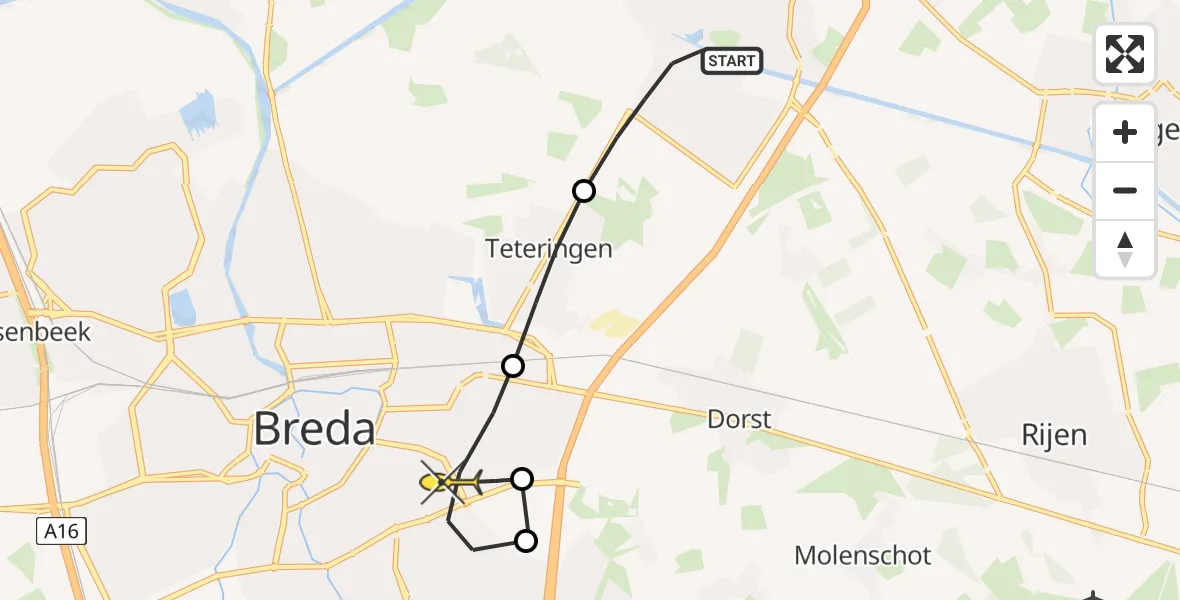 Routekaart van de vlucht: Lifeliner 3 naar Breda, Warandelaan