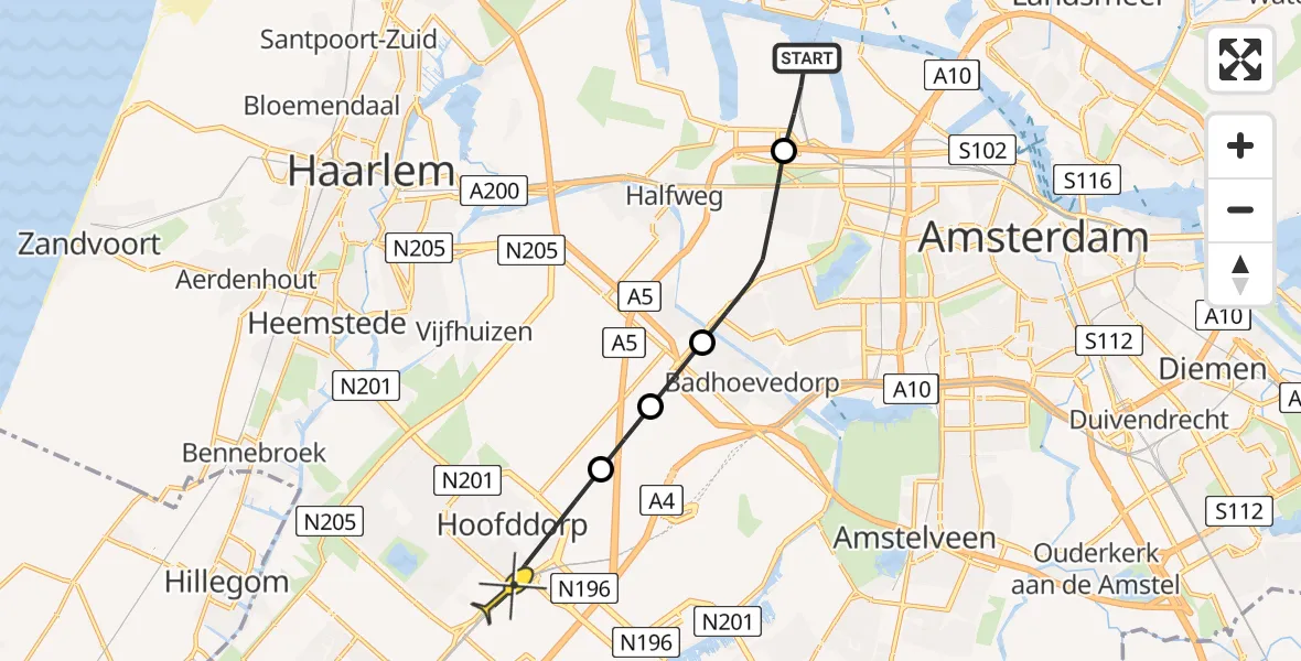 Routekaart van de vlucht: Lifeliner 1 naar Hoofddorp, Haarlemmerweg