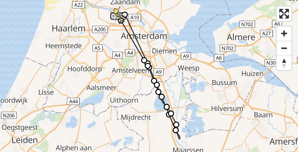 Routekaart van de vlucht: Lifeliner 1 naar Amsterdam Heliport, Centrale Hemweg