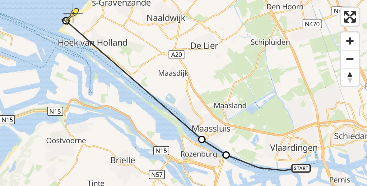 Routekaart van de vlucht: Politiehelikopter naar Hoek van Holland, Hoek van Holland