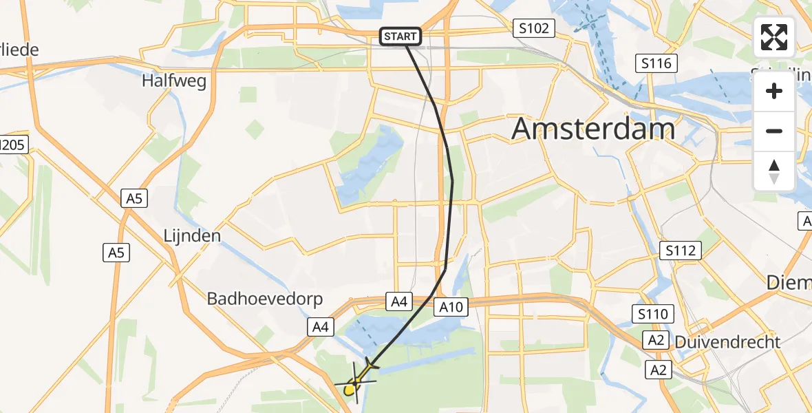 Routekaart van de vlucht: Politieheli naar Badhoevedorp, Baas Gansendonckstraat