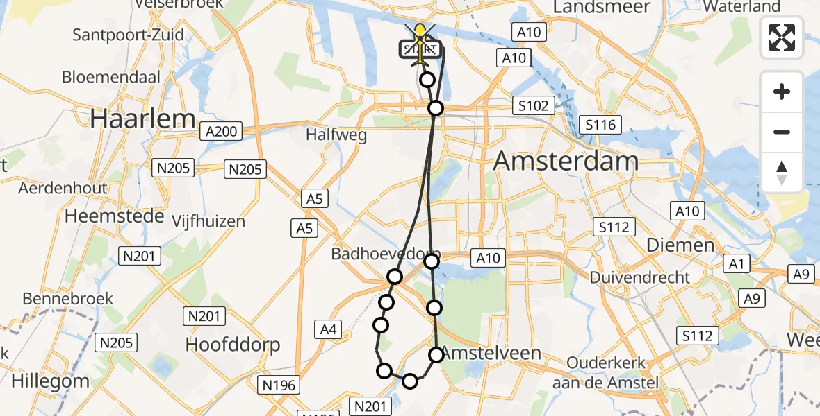 Routekaart van de vlucht: Lifeliner 1 naar Amsterdam Heliport, Westhavenweg