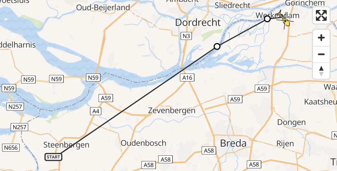 Routekaart van de vlucht: Politieheli naar Werkendam, Zoekweg