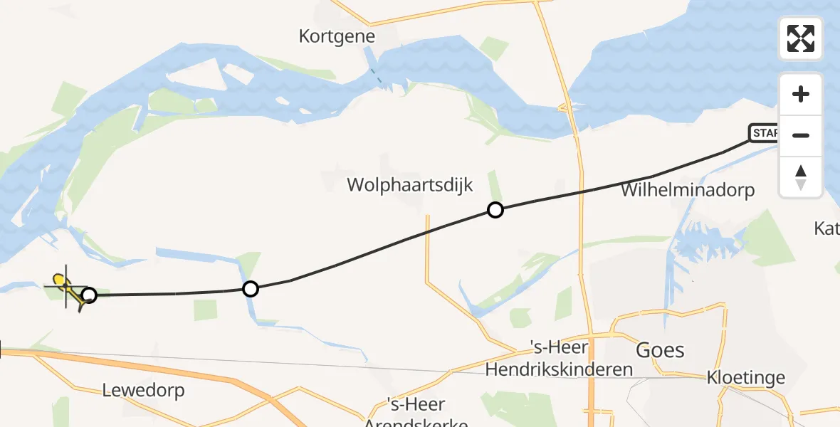 Routekaart van de vlucht: Politiehelikopter naar Vliegveld Midden-Zeeland, kreekepad