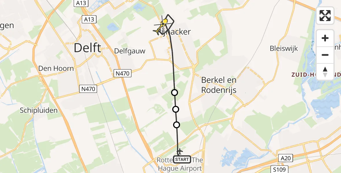 Routekaart van de vlucht: Lifeliner 2 naar Pijnacker, Oude Bovendijk