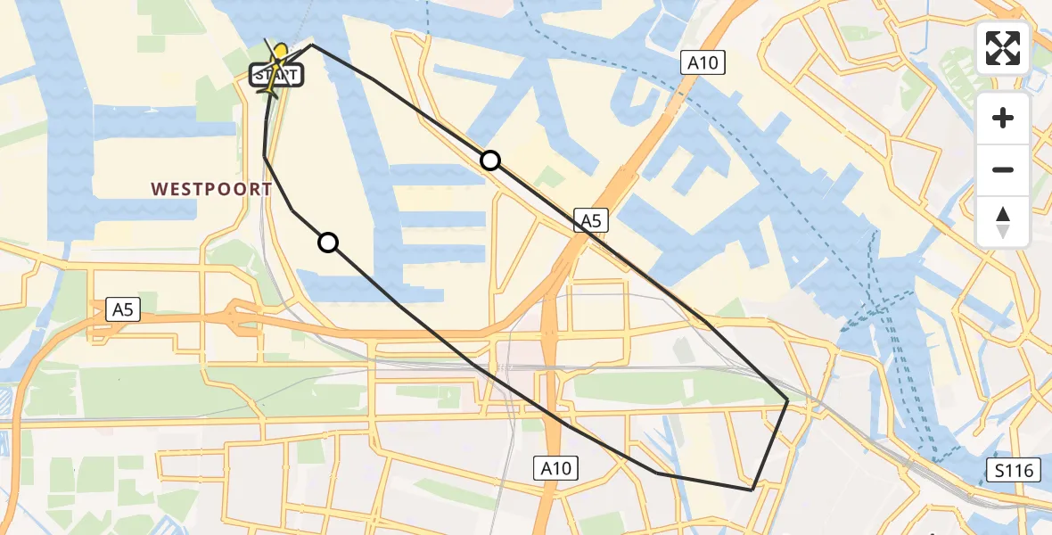 Routekaart van de vlucht: Lifeliner 1 naar Amsterdam Heliport, Westhavenweg