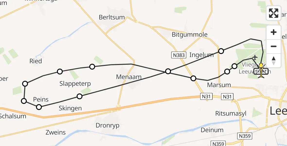 Routekaart van de vlucht: Ambulanceheli naar Vliegbasis Leeuwarden, Keegsdijkje
