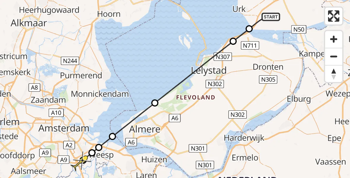 Routekaart van de vlucht: Lifeliner 1 naar Academisch Medisch Centrum (AMC), Zuidwesterringweg