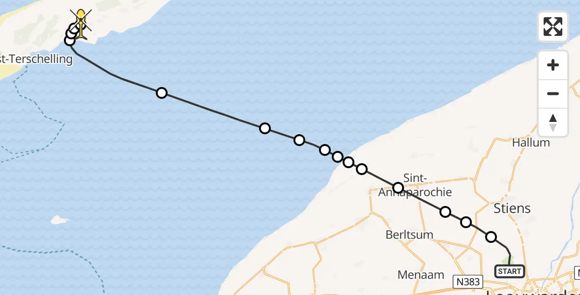 Routekaart van de vlucht: Ambulancehelikopter naar Midsland, Keegsdijkje