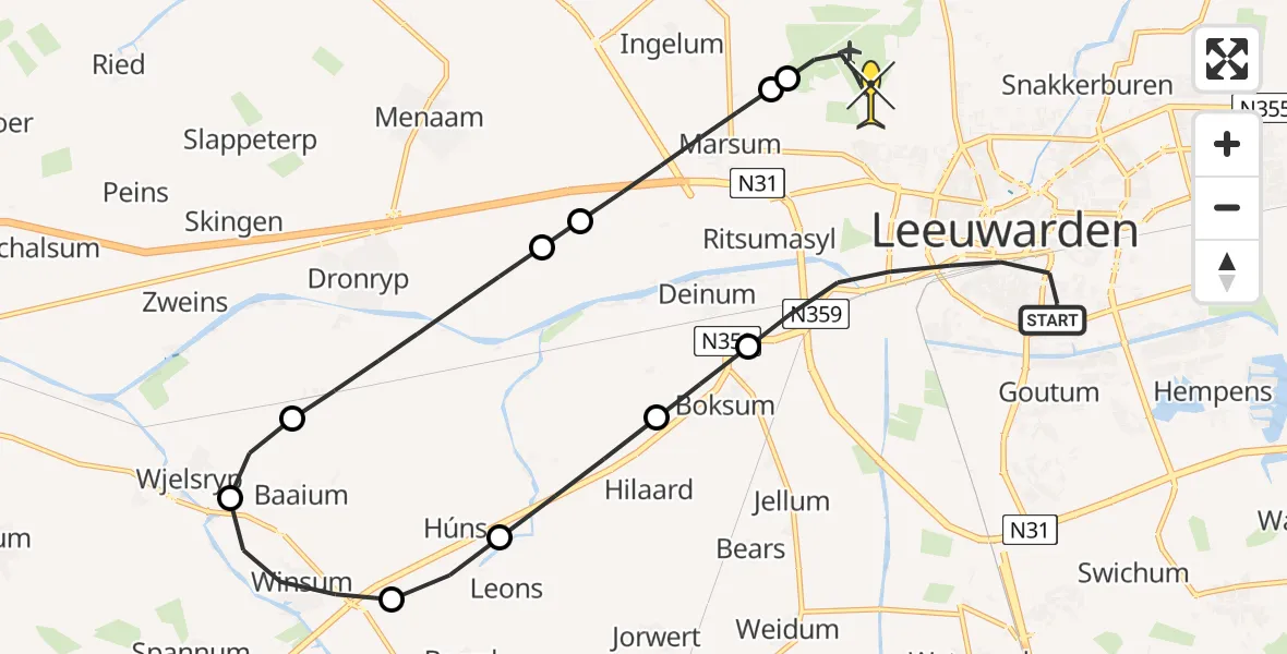 Routekaart van de vlucht: Ambulancehelikopter naar Vliegbasis Leeuwarden, Achter het Station