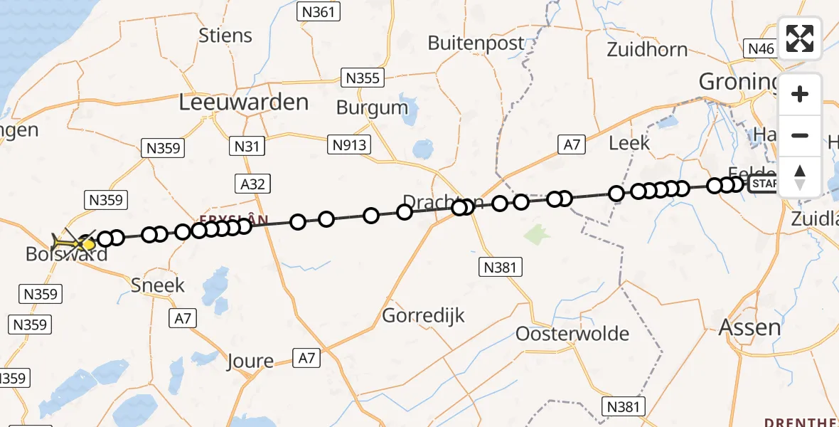 Routekaart van de vlucht: Lifeliner 4 naar Bolsward, Molenweg