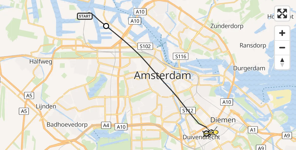 Routekaart van de vlucht: Lifeliner 1 naar Duivendrecht, Westhavenweg