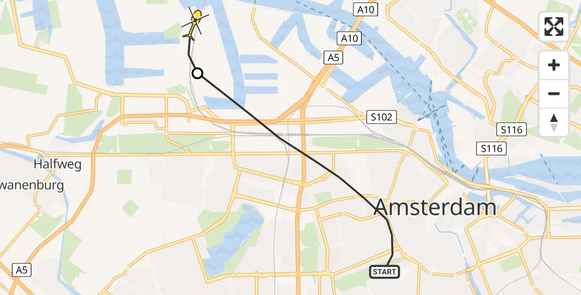 Routekaart van de vlucht: Lifeliner 1 naar Amsterdam Heliport, Nassaukade