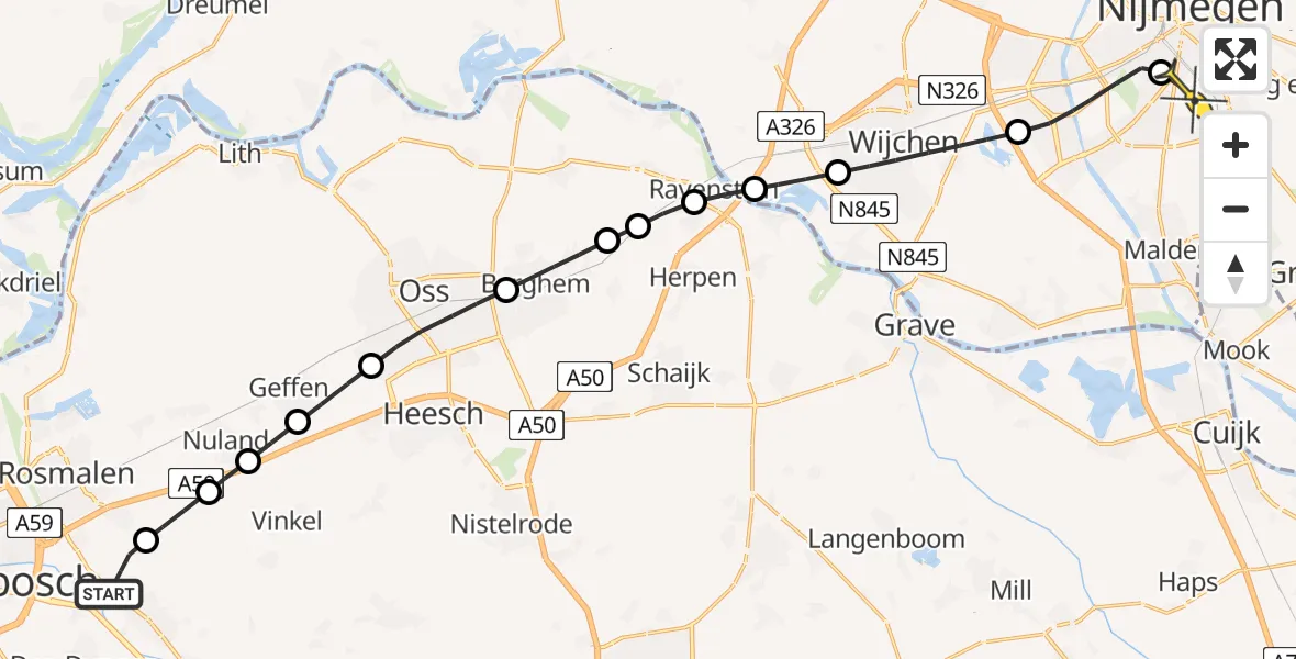 Routekaart van de vlucht: Lifeliner 3 naar Radboud Universitair Medisch Centrum, Loofaert
