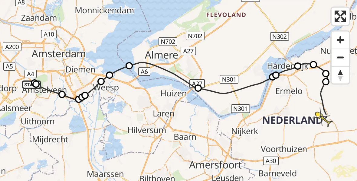Routekaart van de vlucht: Politieheli naar Ermelo, Kraayveldstraat