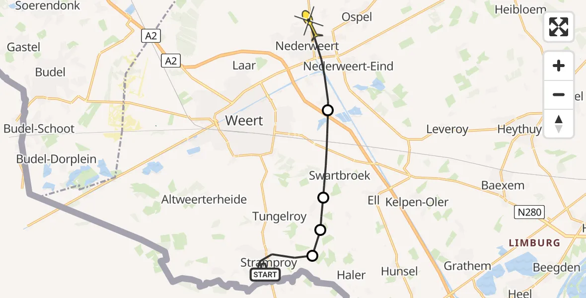 Routekaart van de vlucht: Politieheli naar Nederweert, Molenweg