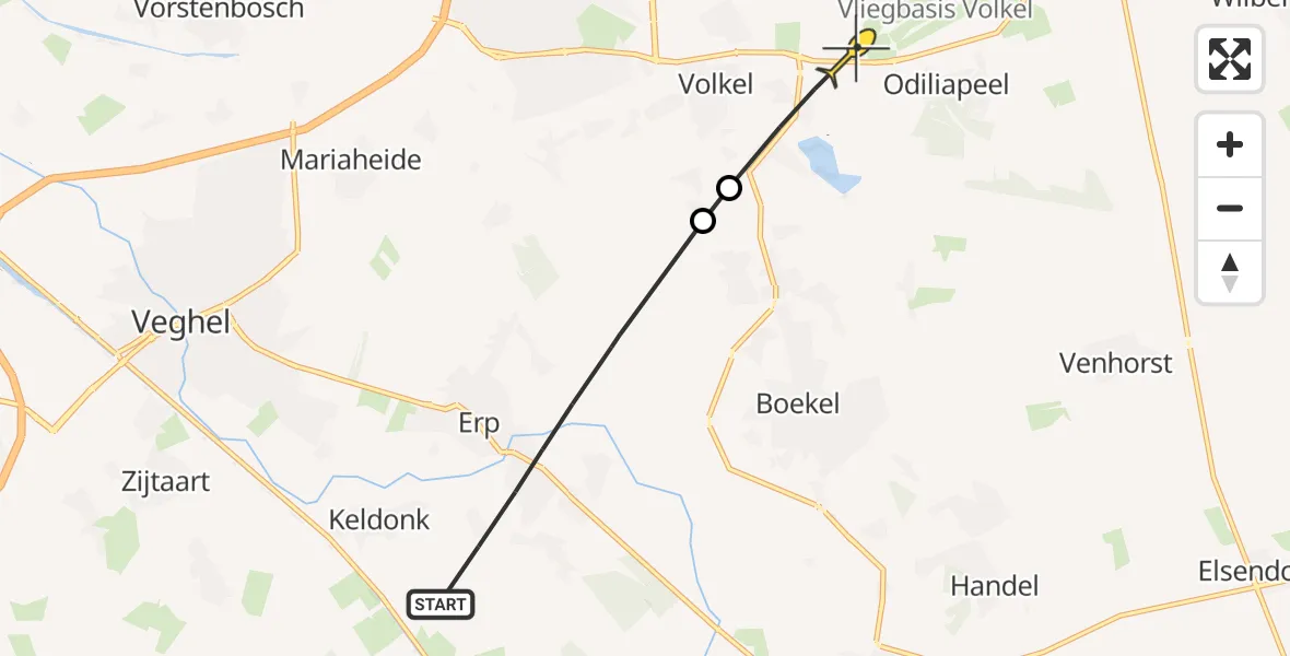 Routekaart van de vlucht: Politieheli naar Vliegbasis Volkel, De Beeke