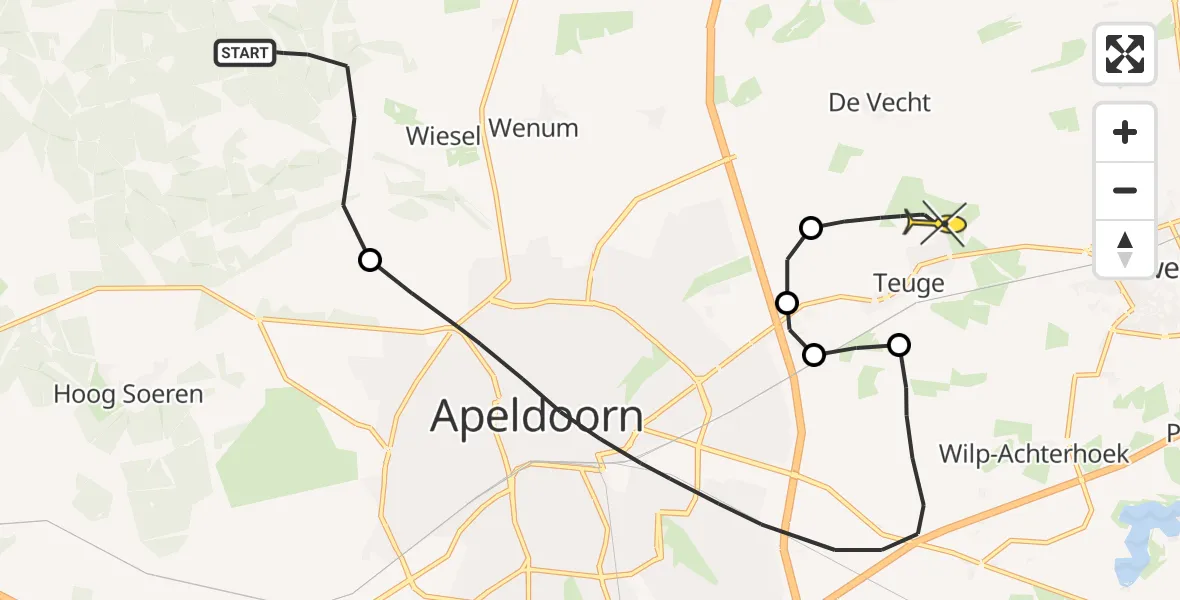 Routekaart van de vlucht: Politiehelikopter naar Vliegveld Teuge, Zandhegge