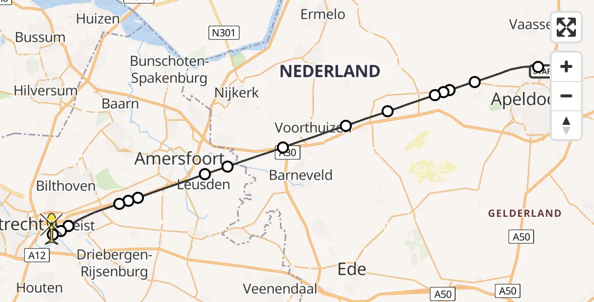 Routekaart van de vlucht: Politieheli naar Universitair Medisch Centrum Utrecht, Wenumseweg