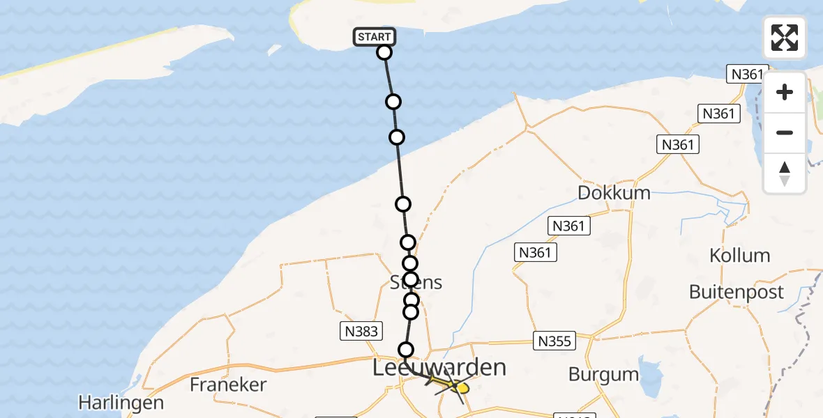 Routekaart van de vlucht: Ambulancehelikopter naar Leeuwarden, Ballumerbocht