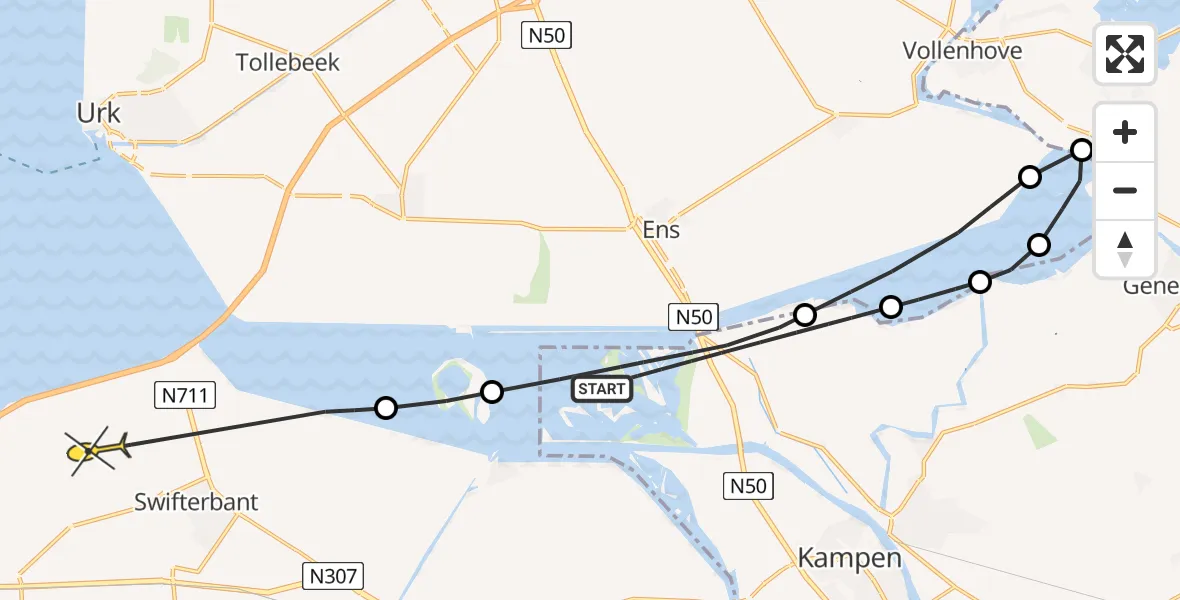 Routekaart van de vlucht: Politiehelikopter naar Swifterbant, Kamperplaat