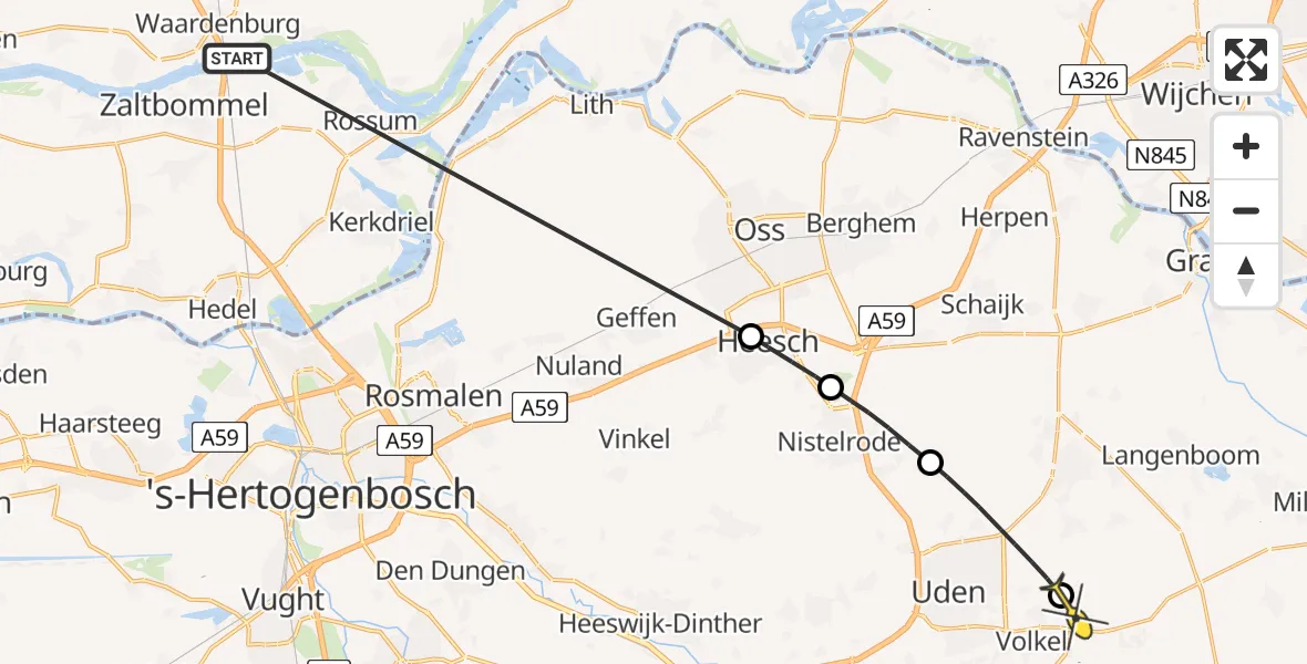 Routekaart van de vlucht: Politiehelikopter naar Vliegbasis Volkel, Monseigneur van den Hurklaan