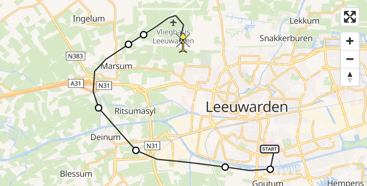 Routekaart van de vlucht: Ambulancehelikopter naar Vliegbasis Leeuwarden, Boksumerdyk