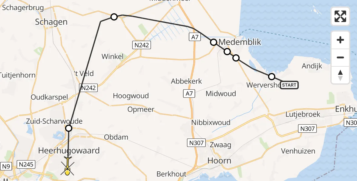 Routekaart van de vlucht: Politiehelikopter naar Heerhugowaard, Overtoom