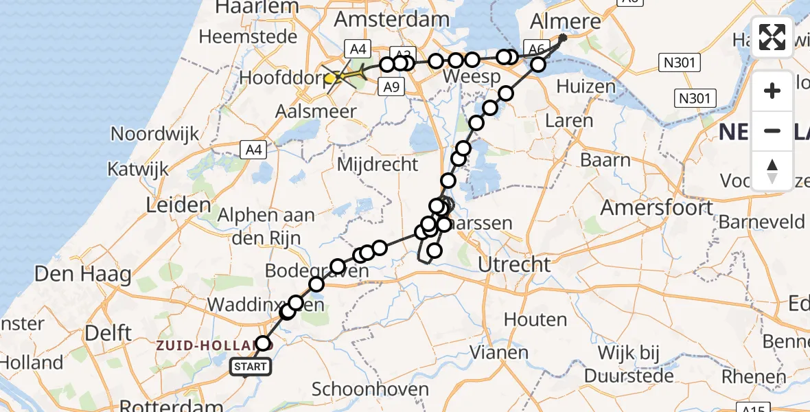 Routekaart van de vlucht: Politieheli naar Schiphol, Rijksweg