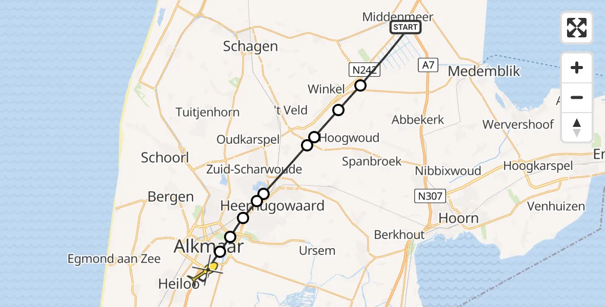 Routekaart van de vlucht: Lifeliner 1 naar Alkmaar, Hoogheemraadschap Hollands Noorderkwartier