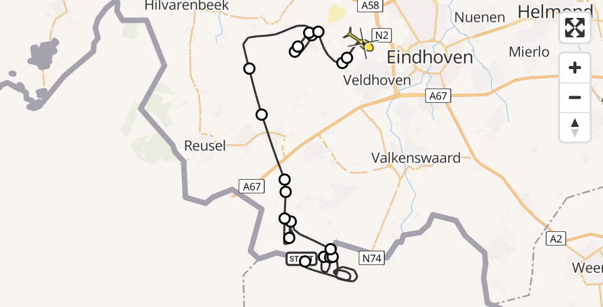 Routekaart van de vlucht: Politiehelikopter naar Eindhoven Airport, Venakkerweg