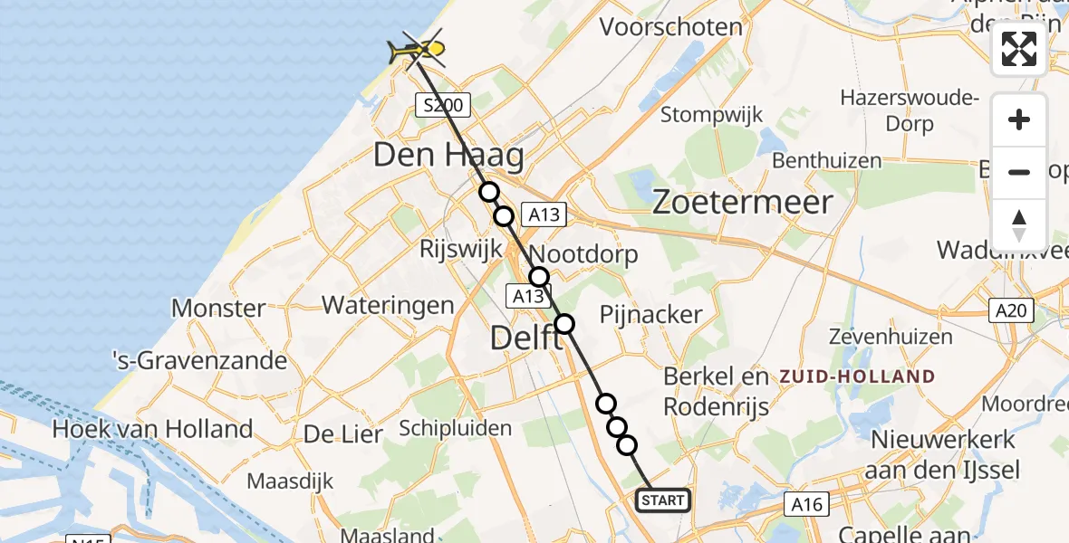 Routekaart van de vlucht: Lifeliner 2 naar Den Haag, Schieveense polder