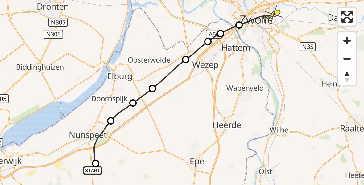 Routekaart van de vlucht: Lifeliner 1 naar Zwolle, Mythsteelaan