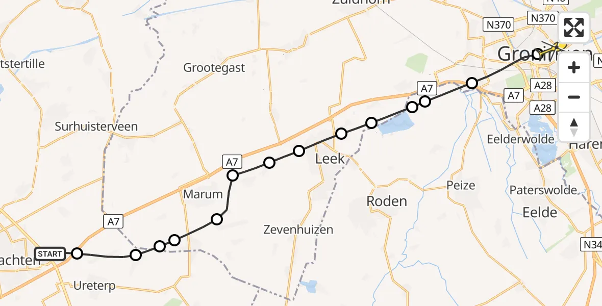 Routekaart van de vlucht: Lifeliner 4 naar Universitair Medisch Centrum Groningen, Leidyk