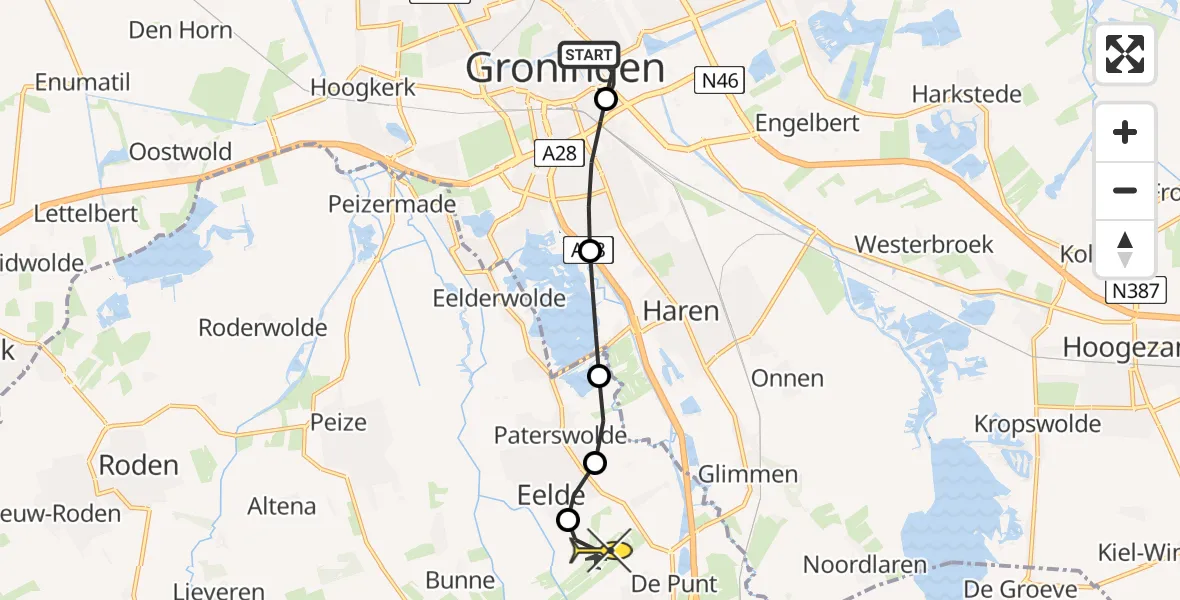 Routekaart van de vlucht: Lifeliner 4 naar Groningen Airport Eelde, Winschoterdiep