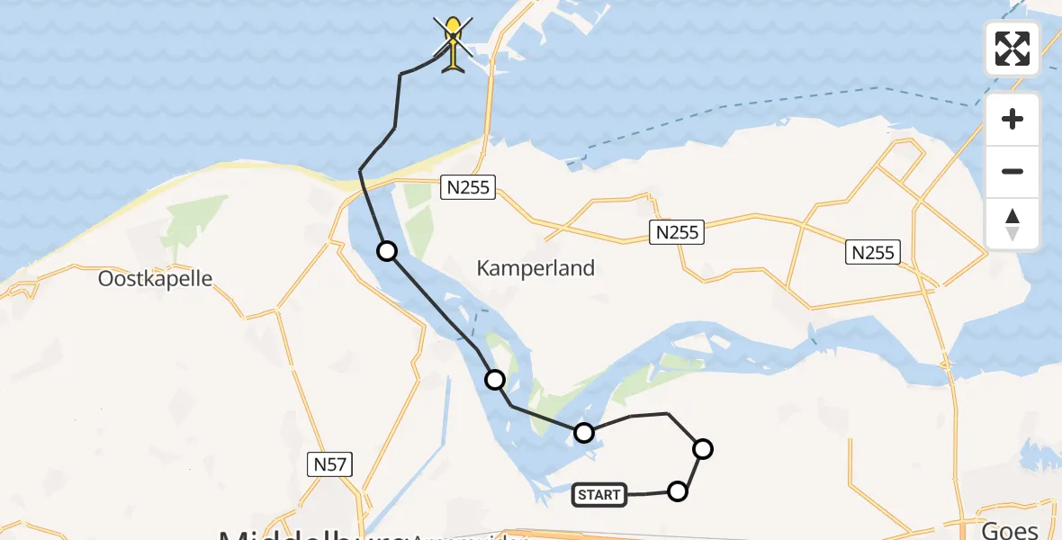 Routekaart van de vlucht: Kustwachthelikopter naar Vrouwenpolder, Calandweg