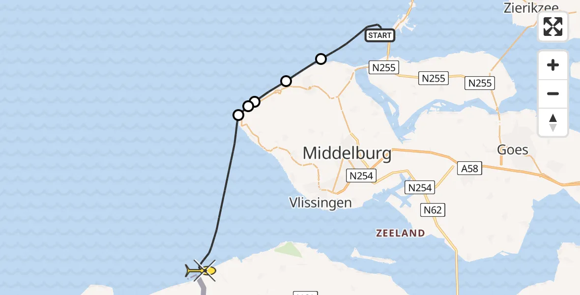 Routekaart van de vlucht: Kustwachthelikopter naar Vlissingen, Noordelijke Pier