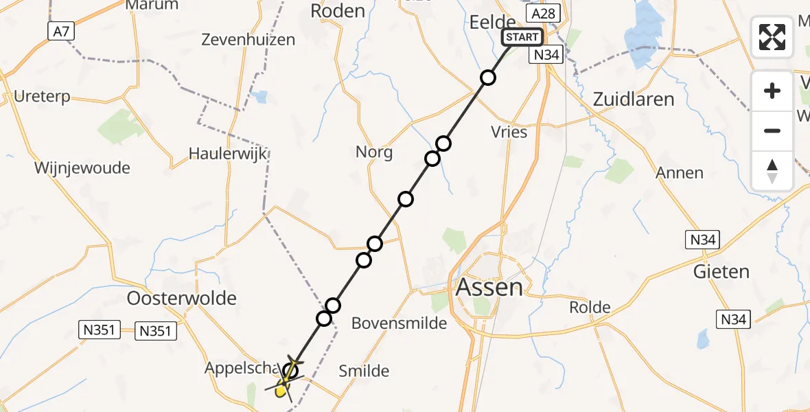 Routekaart van de vlucht: Lifeliner 4 naar Appelscha, Bunnerzandweg