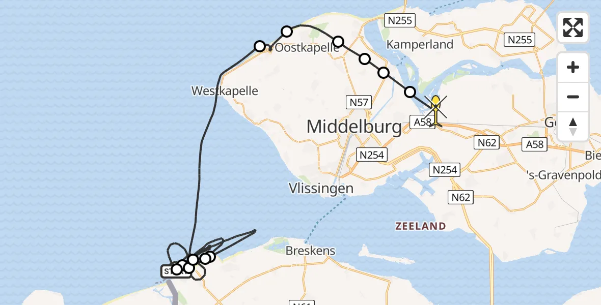 Routekaart van de vlucht: Kustwachthelikopter naar Vliegveld Midden-Zeeland, Maritiem Plaza
