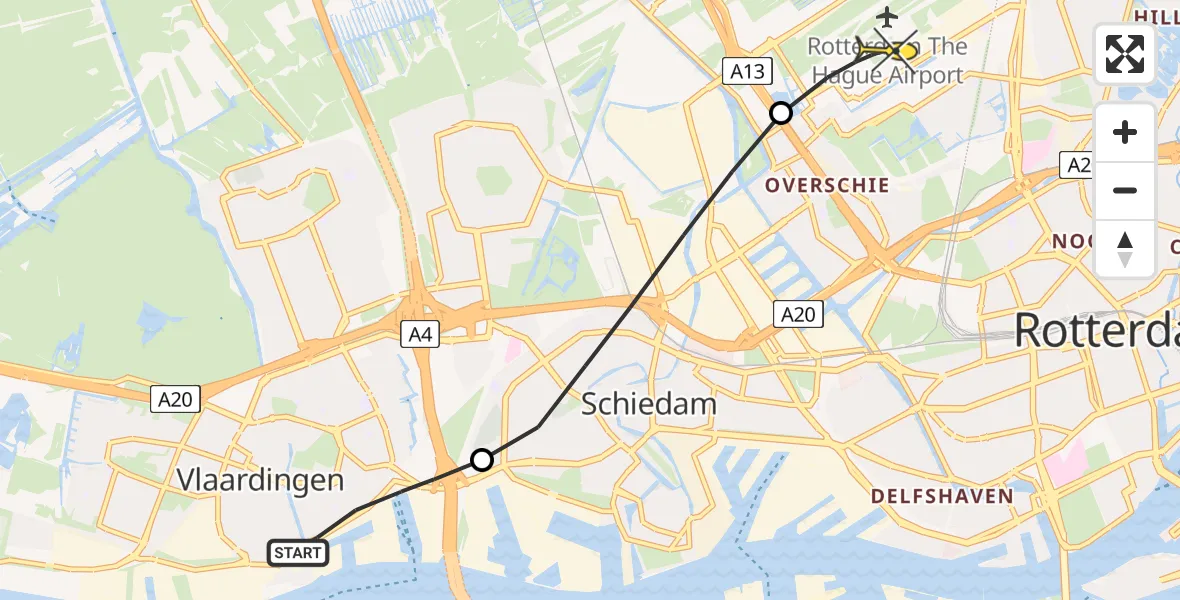 Routekaart van de vlucht: Lifeliner 2 naar Rotterdam The Hague Airport, Schiedamsedijk