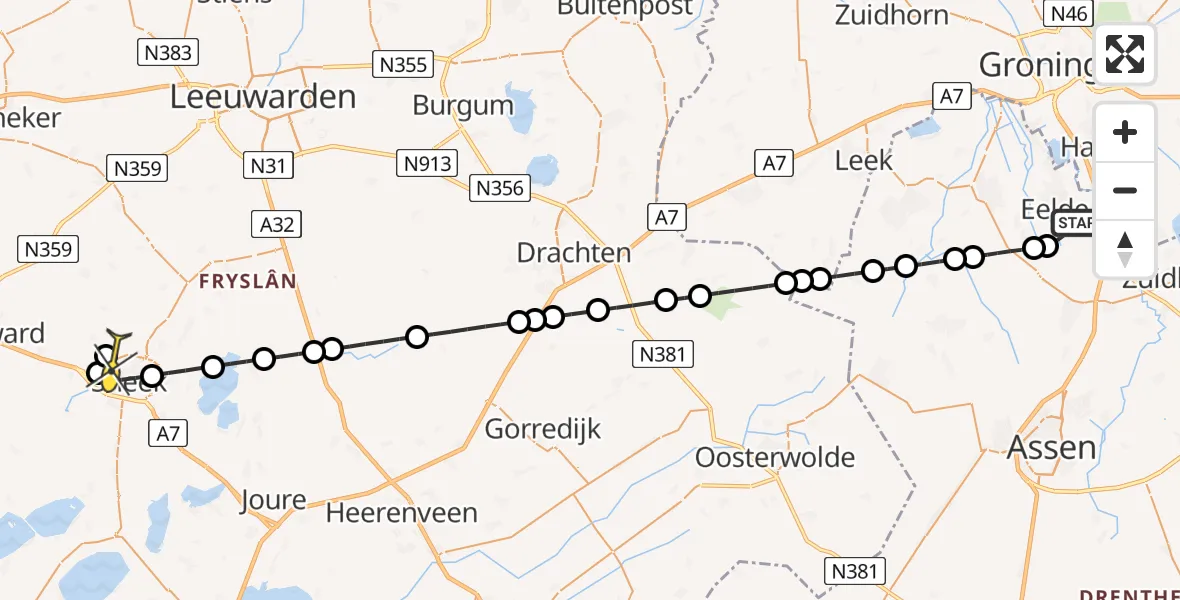 Routekaart van de vlucht: Lifeliner 4 naar Sneek, Oosterloop
