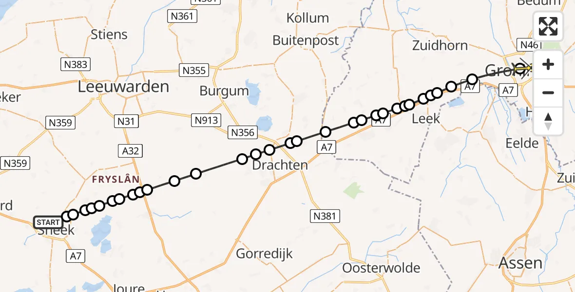 Routekaart van de vlucht: Lifeliner 4 naar Universitair Medisch Centrum Groningen, Worp Tjaardastraat