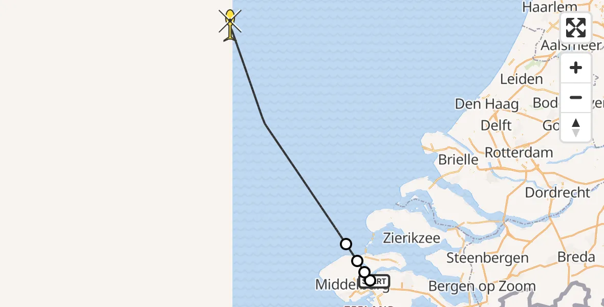 Routekaart van de vlucht: Kustwachthelikopter naar Oranjeplaat